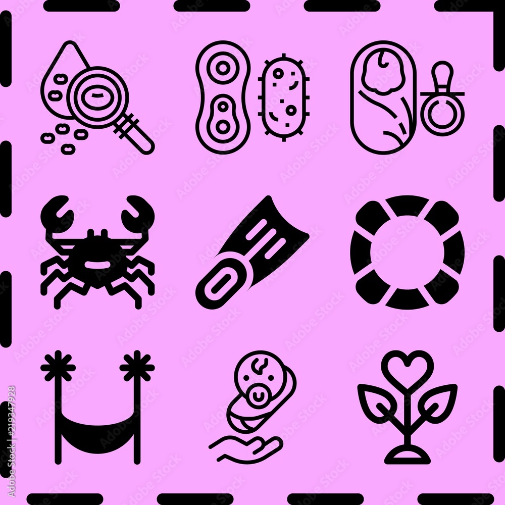 Simple 9 icon set of life related lifebuoy, plant, blood drop and crab vector icons. Collection Illustration Simple 9 icon set of life related lifebuoy, plant, blood drop and crab vector icons. Collection Illustration