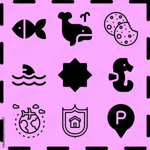 Simple 9 icon set of life related travel, cookies, parking and shark vector icons. Collection Illustration