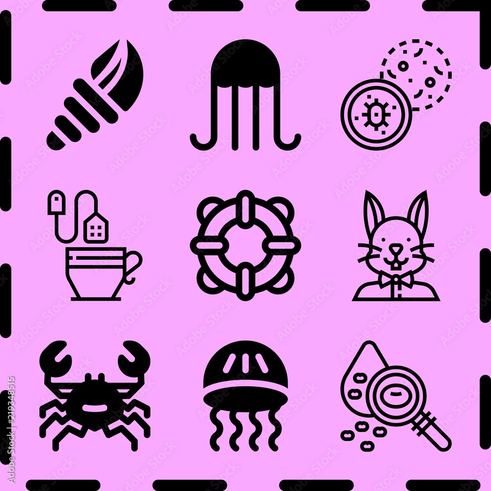 Simple 9 icon set of life related crab, jellyfish, jellyfish and bacteria vector icons. Collection Illustration Simple 9 icon set of life related crab, jellyfish, jellyfish and bacteria vector icons. Collection Illustration