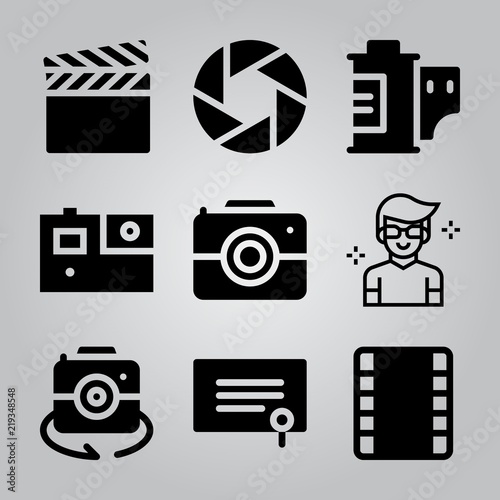 Simple 9 icon set of camera related celebrity, film strip, gopro and degree vector icons. Collection Illustration