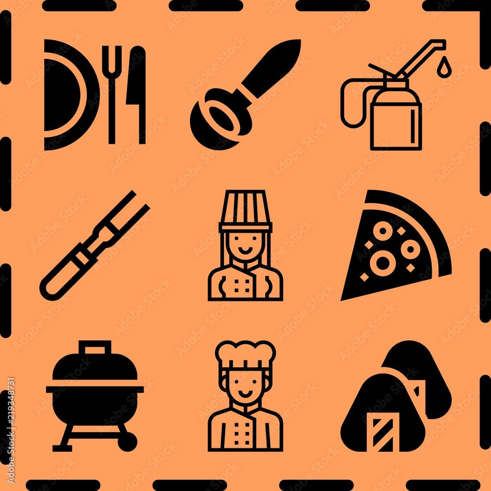 Simple 9 icon set of cooking related ladle, bbq, onigiri and meat vector icons. Collection Illustration