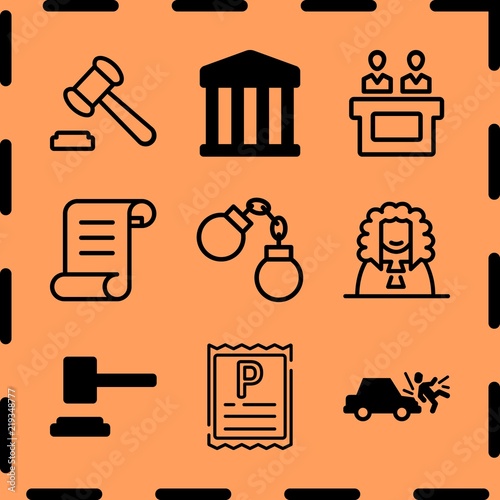 Simple 9 icon set of legal related jury, parking ticket, judge and courthouse vector icons. Collection Illustration