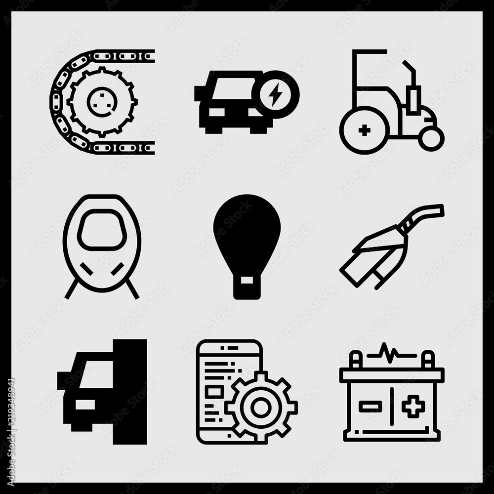 Simple 9 icon set of car related tractor, car repair, battery and hot air balloon vector icons. Collection Illustration Simple 9 icon set of car related tractor, car repair, battery and hot air balloon vector icons. Collection Illustration