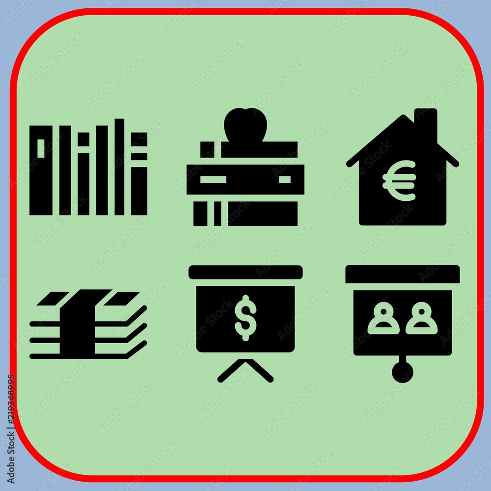 Simple 6 icon set of business related presentation, presentation, money and mortgage vector icons. Collection Illustration Simple 6 icon set of business related presentation, presentation, money and mortgage vector icons. Collection Illustration