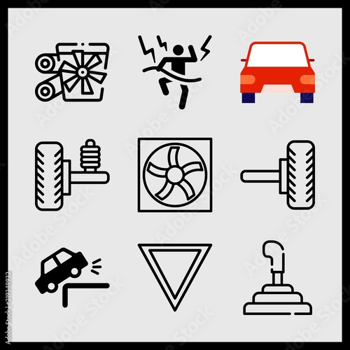 Simple 9 icon set of car related accident, car, gearshift and wheel vector icons. Collection Illustration