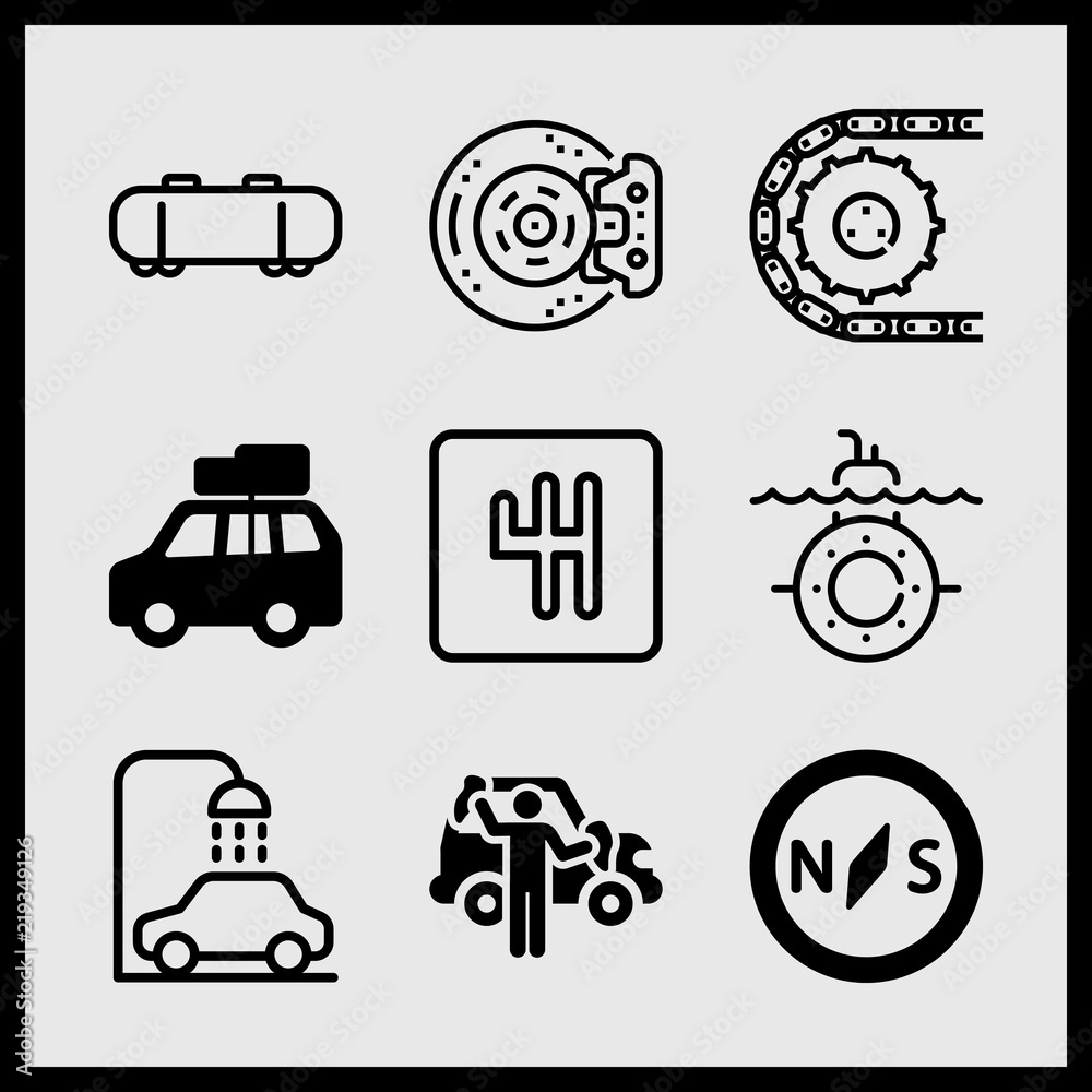 Simple 9 icon set of car related car parts, car wash, gearbox and car with luggage vector icons. Collection Illustration Simple 9 icon set of car related car parts, car wash, gearbox and car with luggage vector icons. Collection Illustration