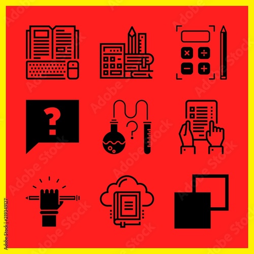 Simple 9 icon set of edication related science, exam, library and online course vector icons. Collection Illustration
