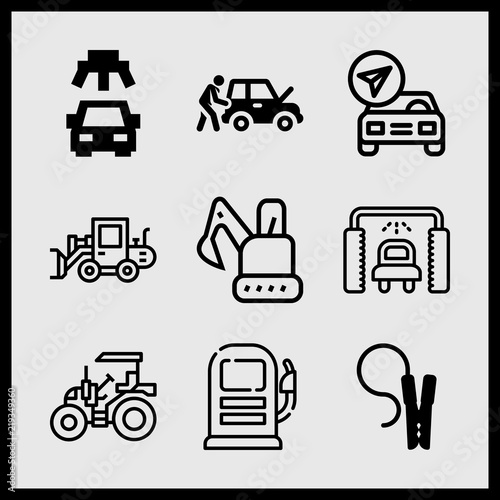 Simple 9 icon set of car related car wash, tractor, car and bulldozer vector icons. Collection Illustration