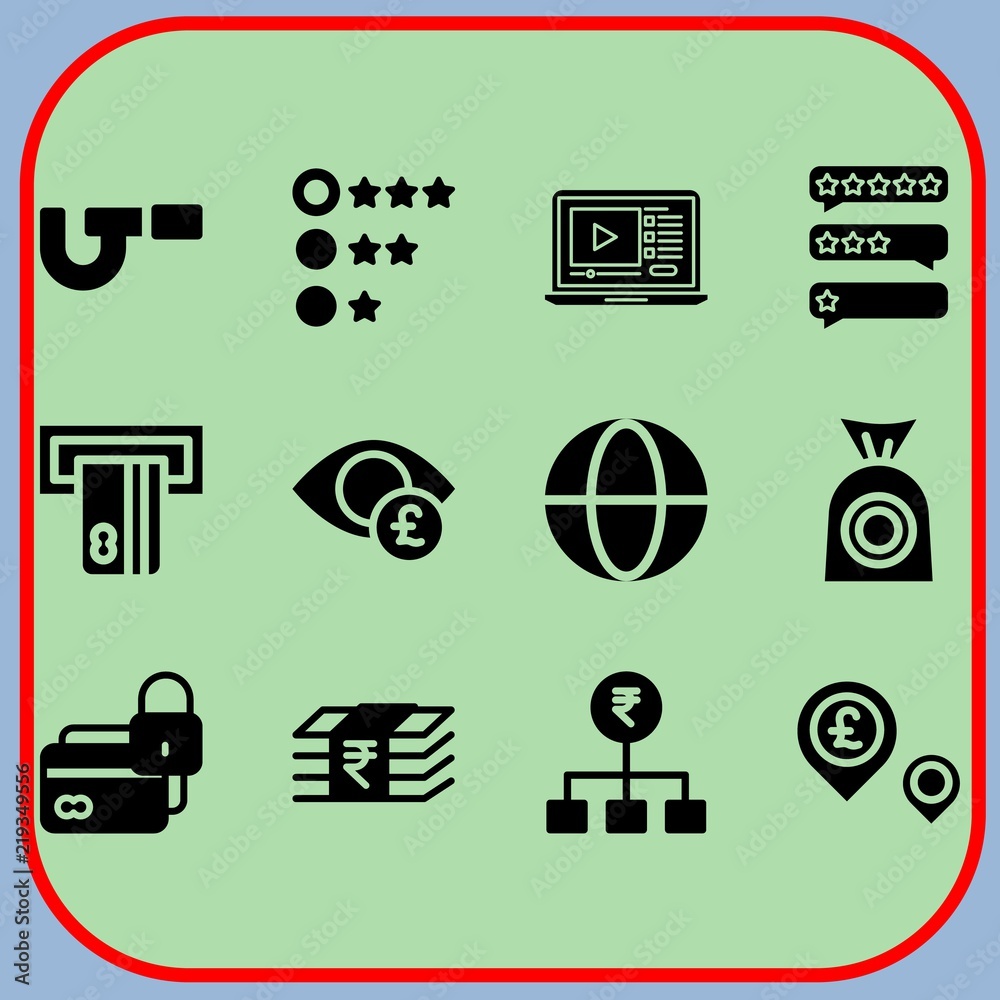 Fototapeta premium Simple 12 icon set of business related worldwide, rating, money bag and micrometer vector icons. Collection Illustration