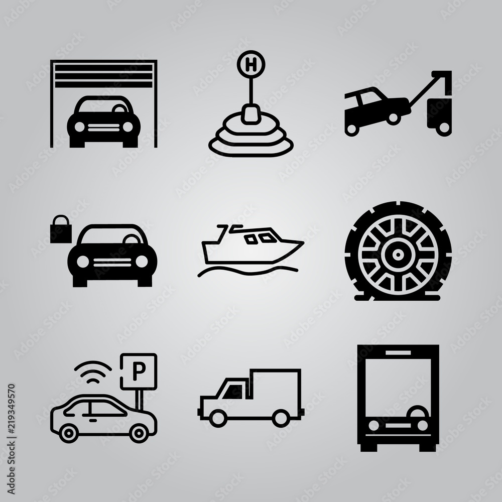 Simple 9 icon set of transport related car and padlock, parking, car inside a garage and boat outline vector icons. Collection Illustration Simple 9 icon set of transport related car and padlock, parking, car inside a garage and boat outline vector icons. Collection Illustration