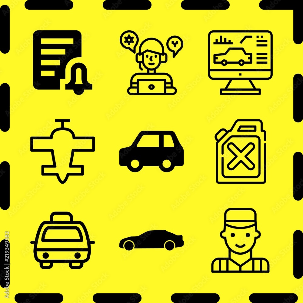 Simple 9 icon set of business related mechanic, repair, small car and call center vector icons. Collection Illustration Simple 9 icon set of business related mechanic, repair, small car and call center vector icons. Collection Illustration