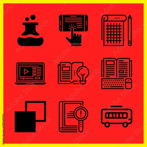 Simple 9 icon set of edication related notebook, book, school bus and lecture vector icons. Collection Illustration