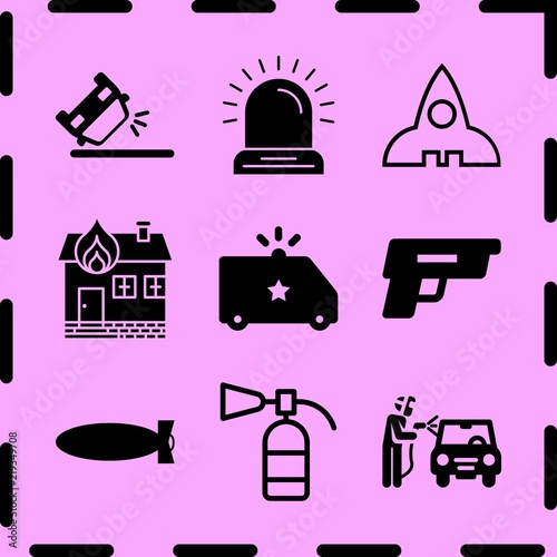 Simple 9 icon set of fire related burning house, siren, rocket outlined space ship and fire extinguisher vector icons. Collection Illustration