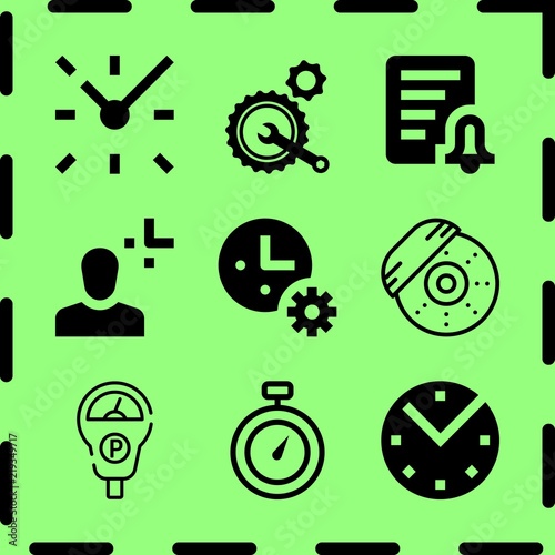 Simple 9 icon set of time related clock, break, parking meter and clock vector icons. Collection Illustration