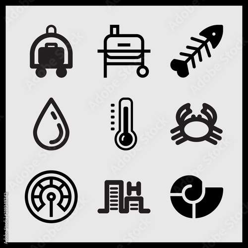 Simple 9 set of Summer related grill, wild crab, sea drop and hotel cart vector icons photo