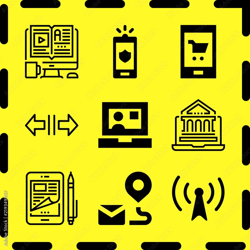 Simple 9 icon set of online related smartphone, helicopter profile, smartphone and video call vector icons. Collection Illustration Simple 9 icon set of online related smartphone, helicopter profile, smartphone and video call vector icons. Collection Illustration