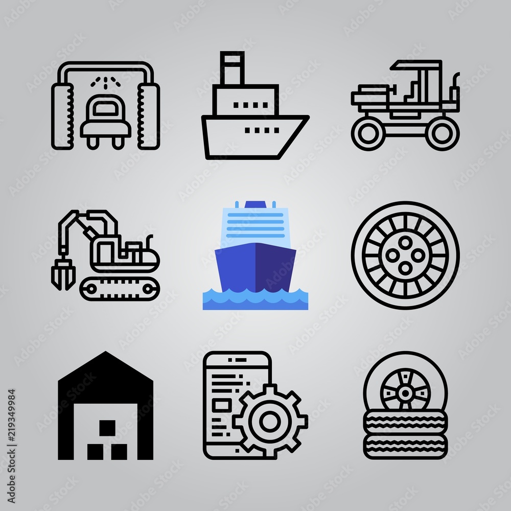 Simple 9 icon set of transport related alloy wheel, excavator, boat and warehouse vector icons. Collection Illustration Simple 9 icon set of transport related alloy wheel, excavator, boat and warehouse vector icons. Collection Illustration