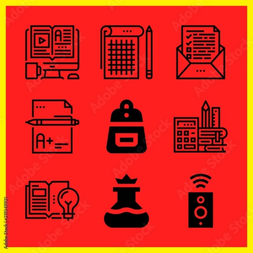 Simple 9 icon set of edication related test, open book, flask and notebook vector icons. Collection Illustration