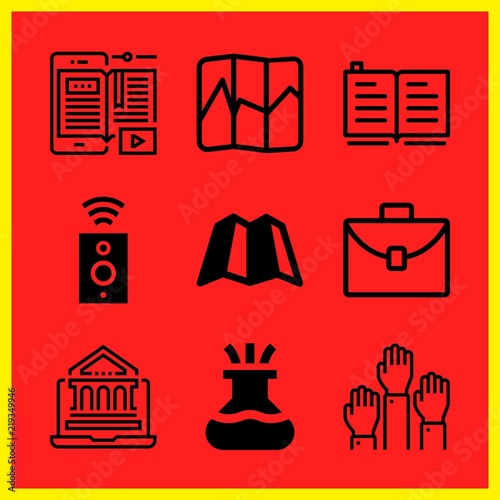 Simple 9 icon set of edication related map, ebook, raise hand and case vector icons. Collection Illustration