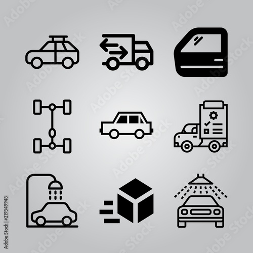 Simple 9 icon set of transport related car wash, vehicle, car and car wash vector icons. Collection Illustration