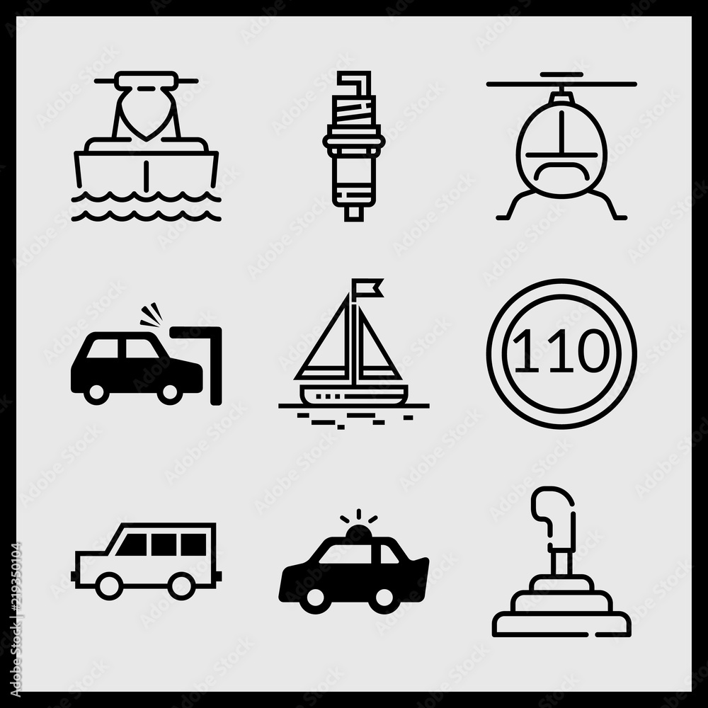 Simple 9 icon set of car related jet boating, helicopter, van side view and speed limit vector icons. Collection Illustration
