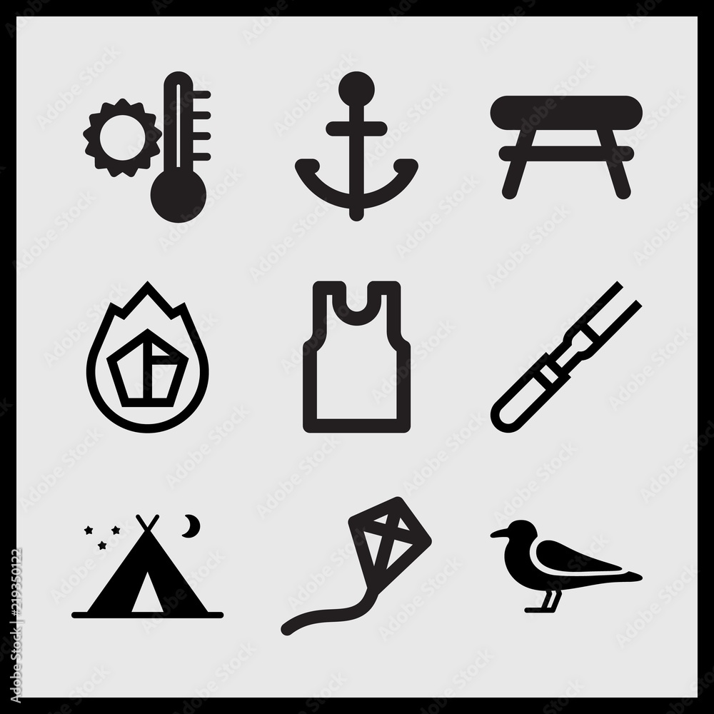 Simple 9 set of Summer related charcoal, tent night, sleveeless shirt and flying kite vector icons