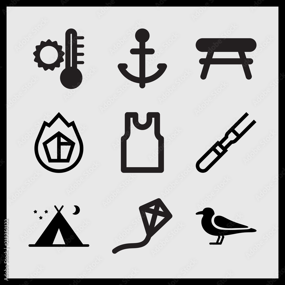 Simple 9 set of Summer related charcoal, tent night, sleveeless shirt and flying kite vector icons Simple 9 set of Summer related charcoal, tent night, sleveeless shirt and flying kite vector icons