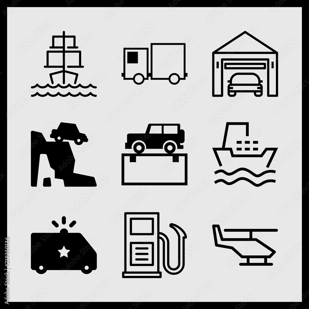Simple 9 icon set of car related all terrain, police van, ship and garage vector icons. Collection Illustration Simple 9 icon set of car related all terrain, police van, ship and garage vector icons. Collection Illustration