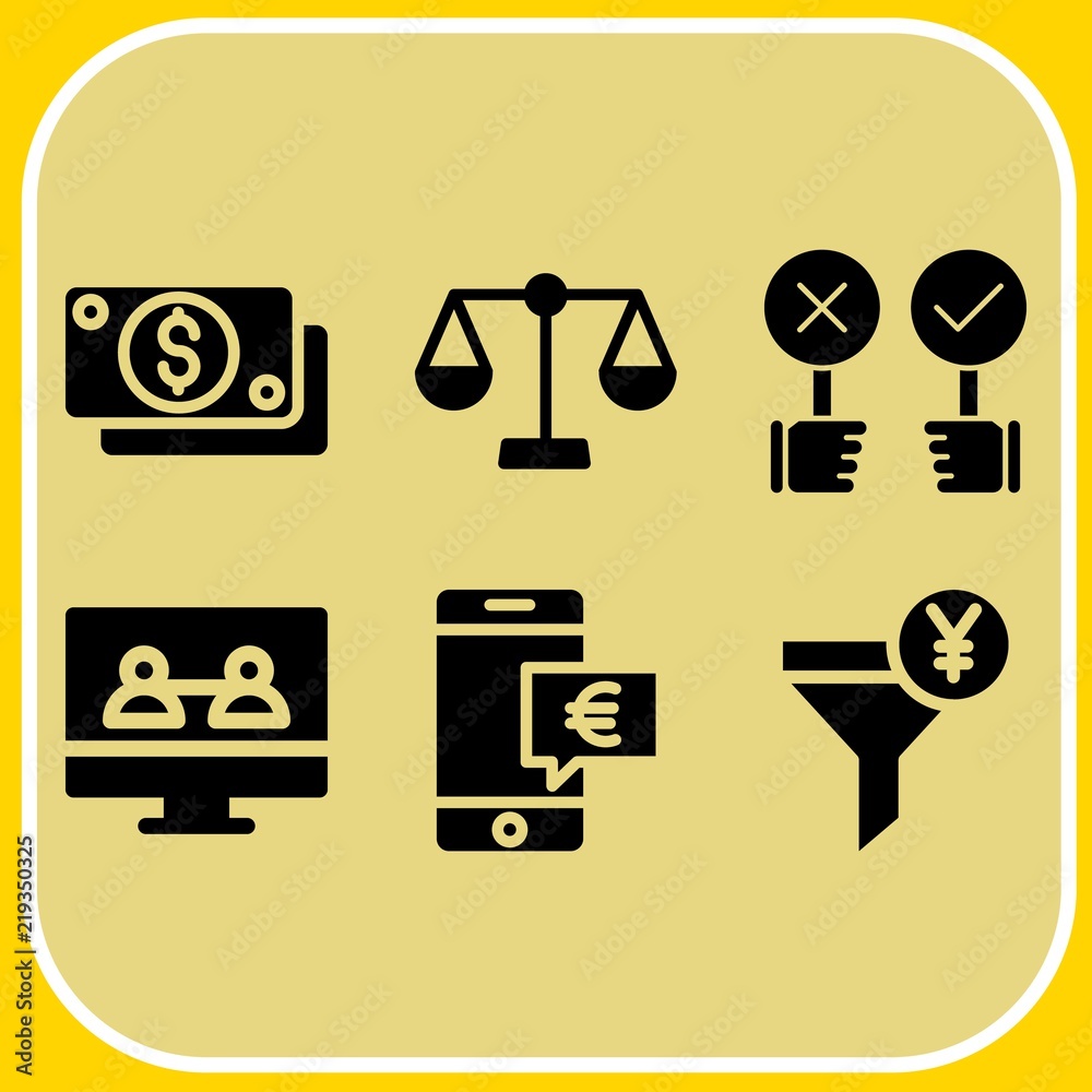 Simple 6 icon set of business related smartphone, funnel, money and rating vector icons. Collection Illustration Simple 6 icon set of business related smartphone, funnel, money and rating vector icons. Collection Illustration