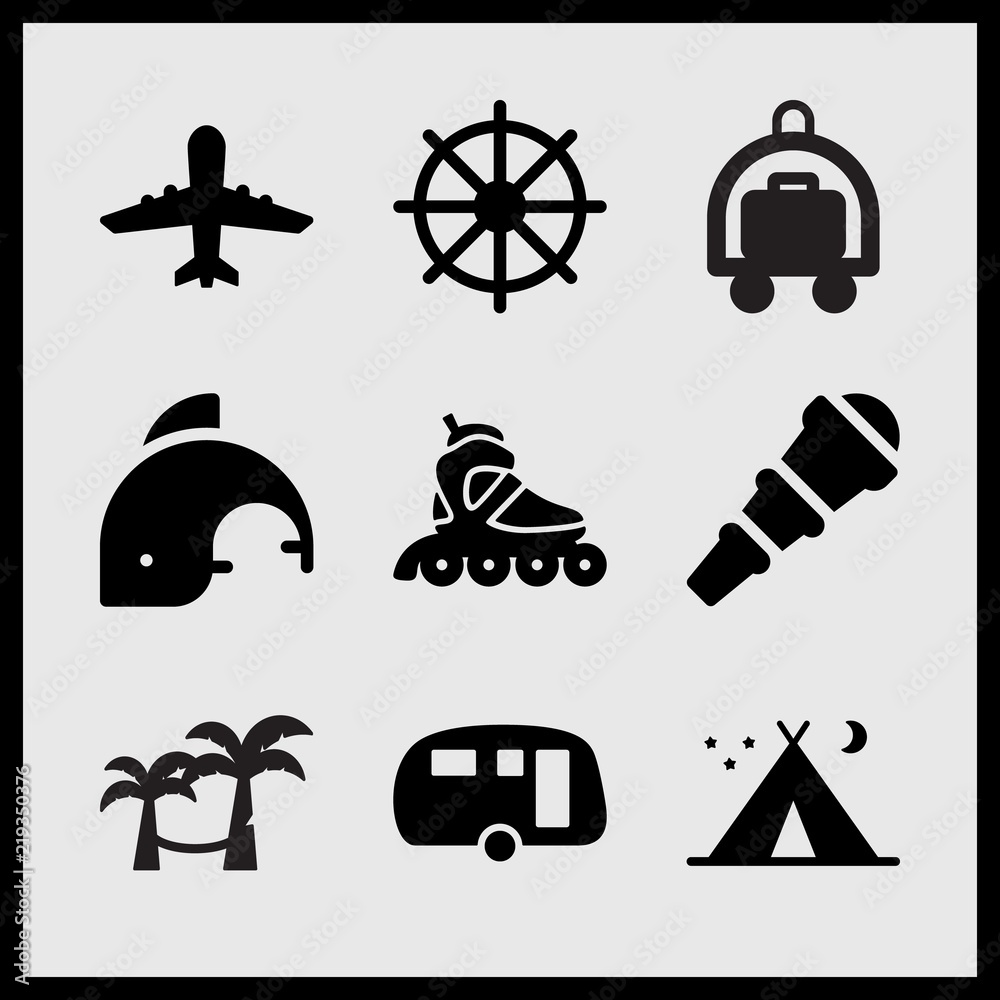 Simple 9 set of Summer related airplane upward, tent night, line roller skate and vintage caravan vector icons Simple 9 set of Summer related airplane upward, tent night, line roller skate and vintage caravan vector icons