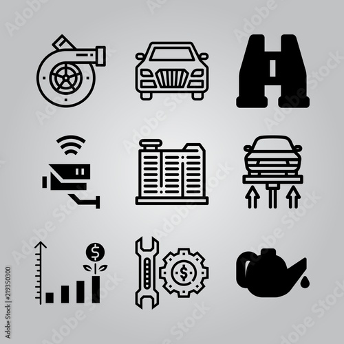 Simple 9 icon set of electronics related car, oil, turbo and autolift vector icons. Collection Illustration