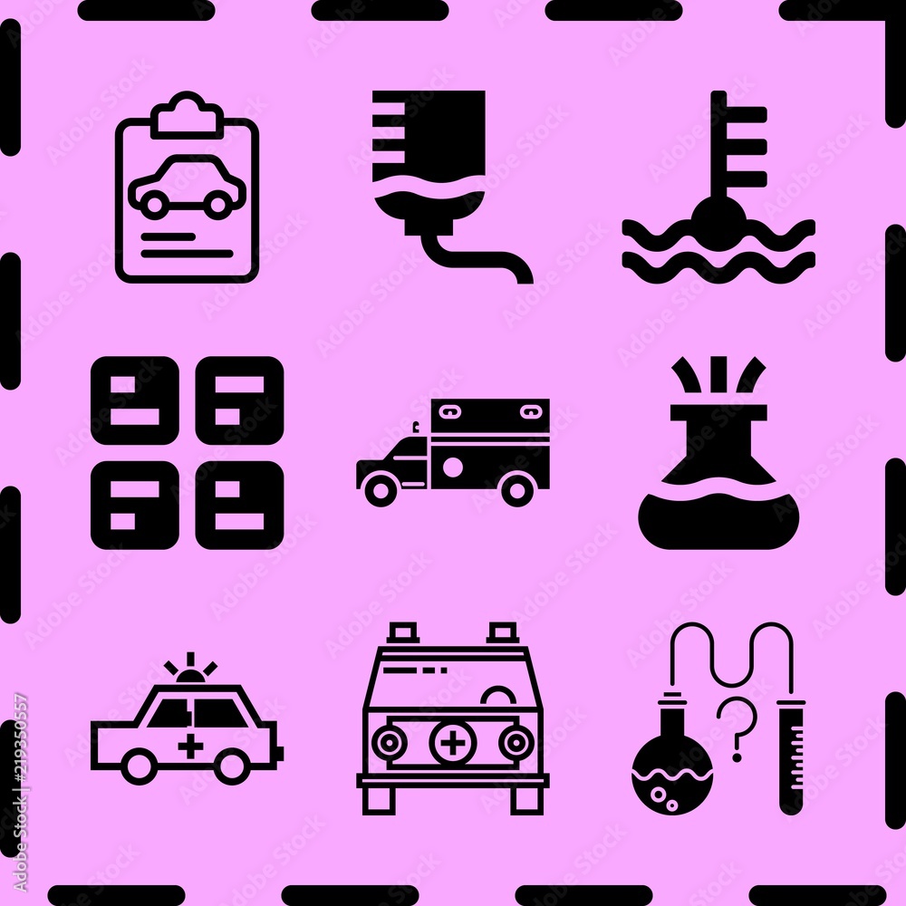 Simple 9 icon set of medicine related ambulance, temperature, ambulance and insurance vector icons. Collection Illustration