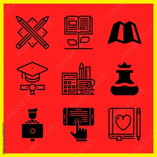 Simple 9 icon set of edication related student, flask, pencils and graduation vector icons. Collection Illustration