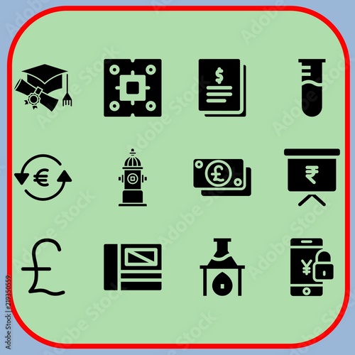 Simple 12 icon set of business related graduation, test tube, hydrant and cpu vector icons. Collection Illustration