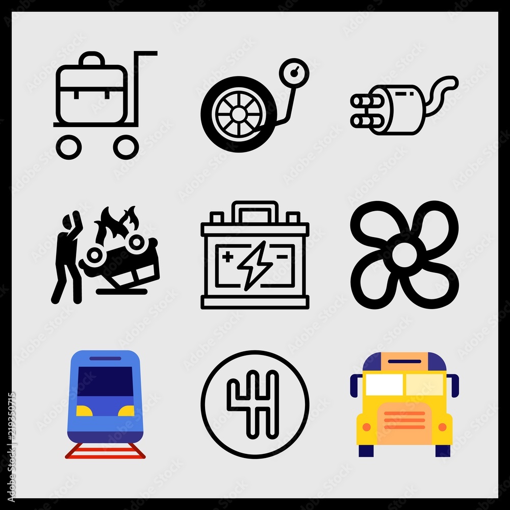 Simple 9 icon set of car related gearbox, ventilating fan, inflate wheel and trolley vector icons. Collection Illustration