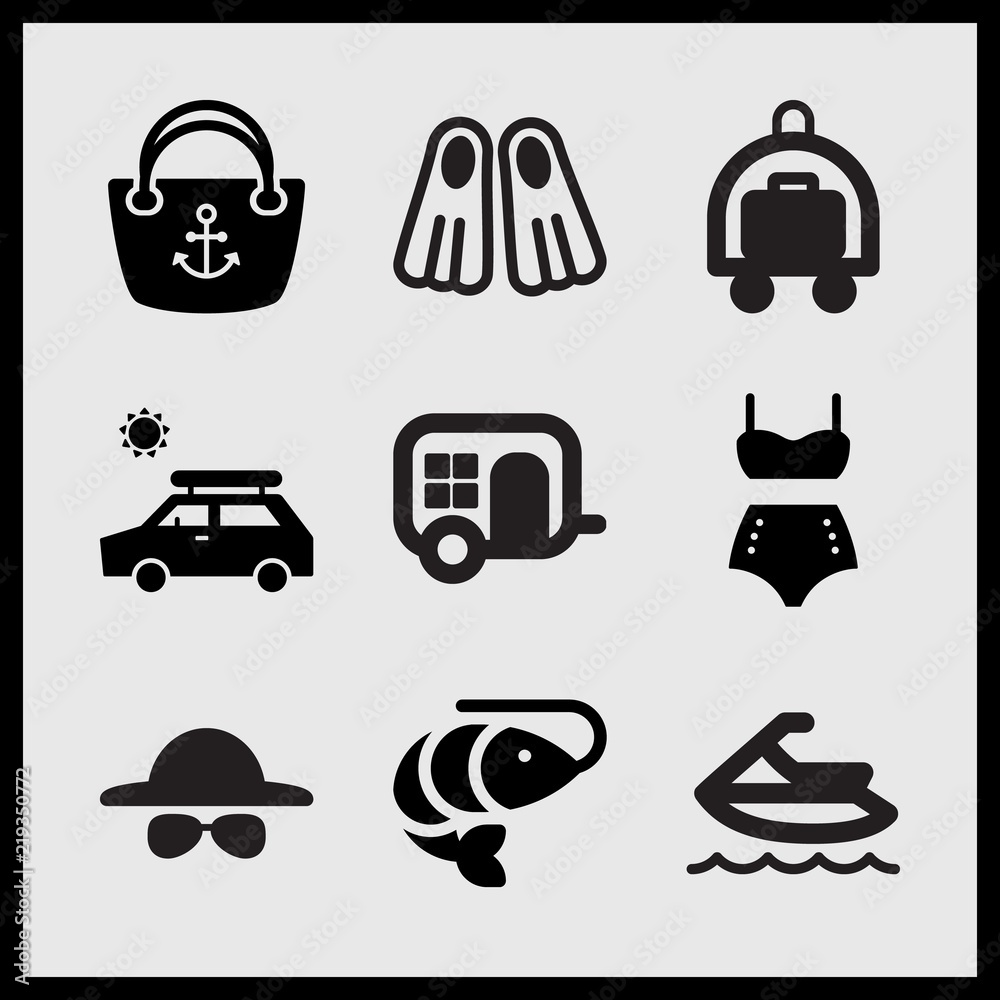 Simple 9 set of Summer related holiday trip, shrimp, diving fins and vintage bikini vector icons Simple 9 set of Summer related holiday trip, shrimp, diving fins and vintage bikini vector icons