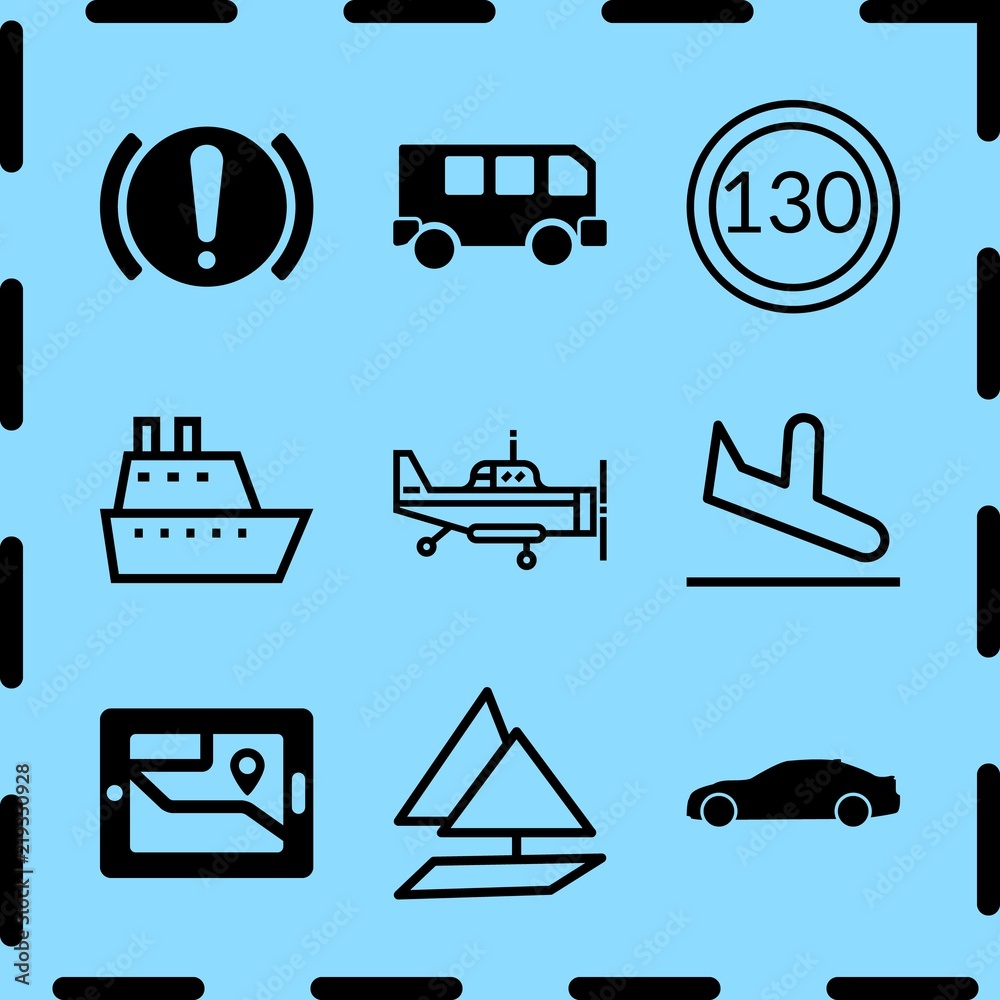 Simple 9 icon set of travel related speed limit, ship, gps on screen and handbrake vector icons. Collection Illustration Simple 9 icon set of travel related speed limit, ship, gps on screen and handbrake vector icons. Collection Illustration