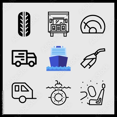 Simple 9 icon set of car related truck, boat, speedometer and caravan vector icons. Collection Illustration
