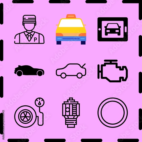 Simple 9 icon set of car related malfunction indicador, minivan taxi, traffic sign and valet vector icons. Collection Illustration