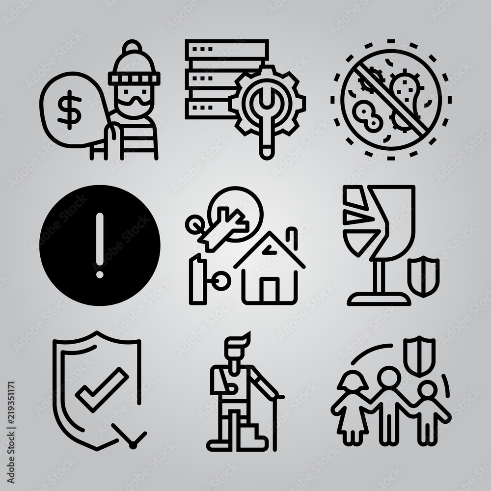 Simple 9 icon set of insurance related [iconsRandom:4] vector icons. Collection Illustration - obrazy, fototapety, plakaty 