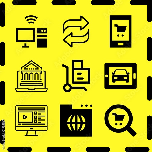 Simple 9 icon set of online related trolley, video player, world wide web and car on tablet vector icons. Collection Illustration