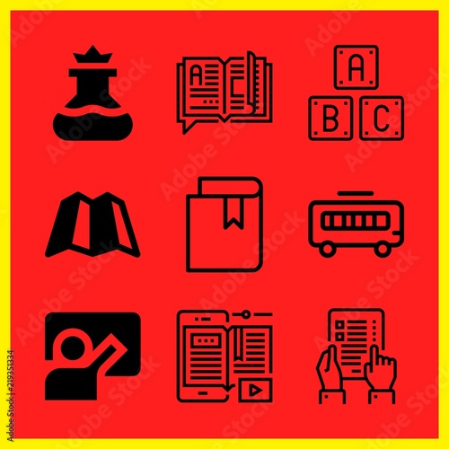 Simple 9 icon set of edication related flask, blackboard, abc and open book vector icons. Collection Illustration