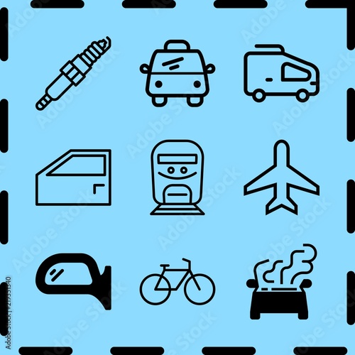 Simple 9 icon set of travel related train, van, rearview mirror and airplane vector icons. Collection Illustration