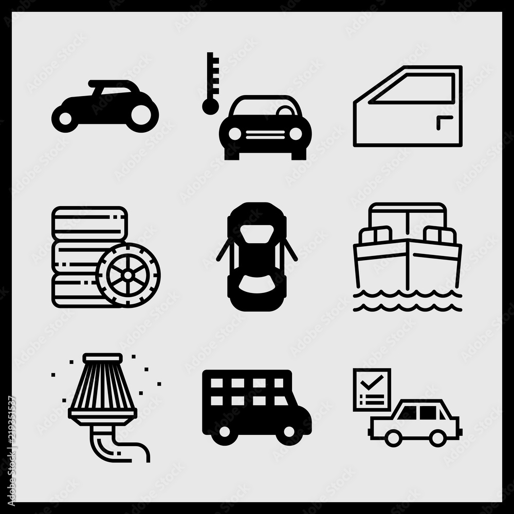 Simple 9 icon set of car related car, wheel, car repair check list and transportation truck vector icons. Collection Illustration Simple 9 icon set of car related car, wheel, car repair check list and transportation truck vector icons. Collection Illustration