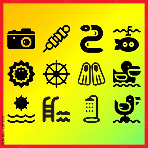 Sun, seagull and shower with water related icons set