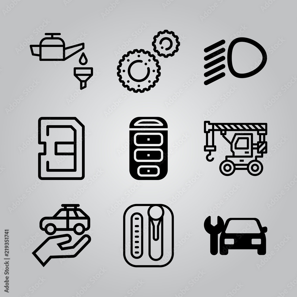 Simple 9 icon set of electronics related car key, repair service, oil and crane vector icons. Collection Illustration Simple 9 icon set of electronics related car key, repair service, oil and crane vector icons. Collection Illustration