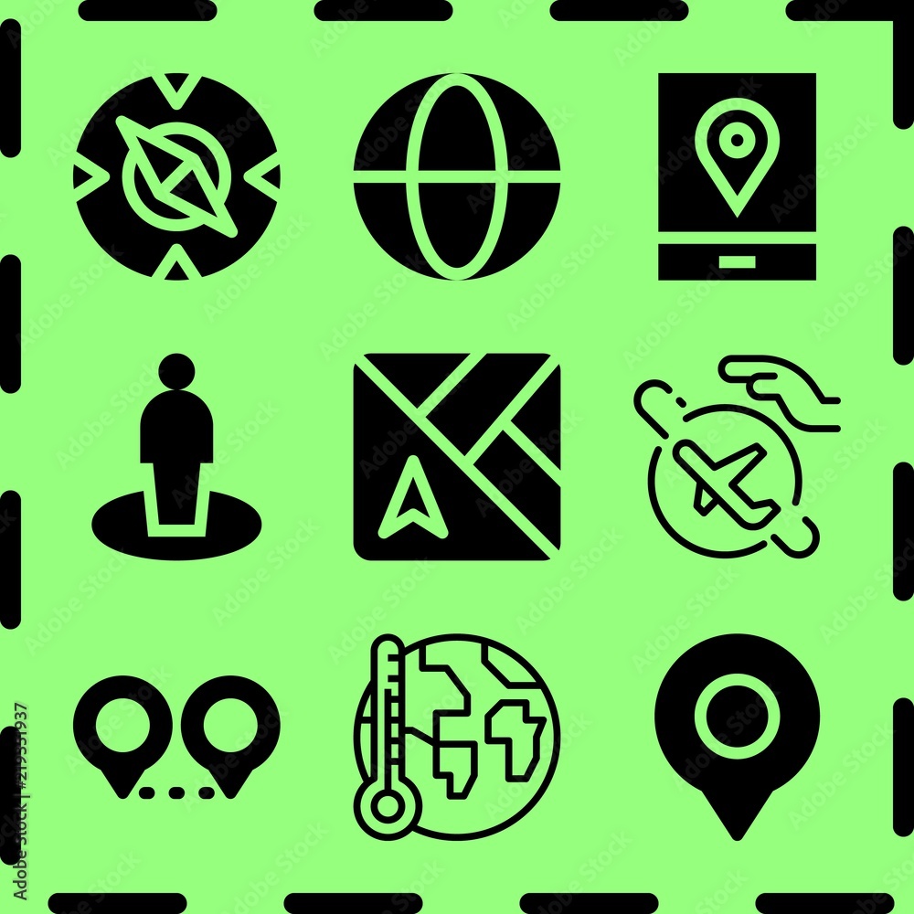 Obraz na plátně Simple 9 icon set of map related gps, worldwide, map and global warming vector icons