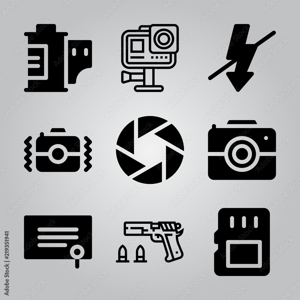 Simple 9 icon set of camera related shooting, film roll, degree and camera vector icons. Collection Illustration Simple 9 icon set of camera related shooting, film roll, degree and camera vector icons. Collection Illustration