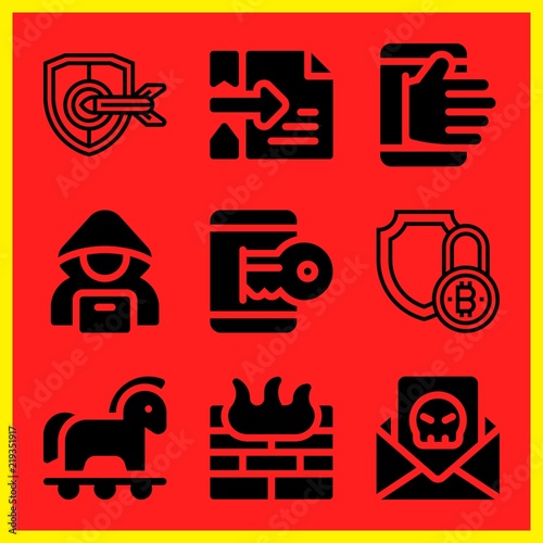 Simple 9 icon set of hacker related security, trojan, hacking and hacker vector icons. Collection Illustration
