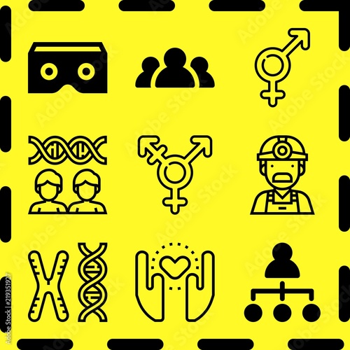 Simple 9 icon set of human related ar glasses, cloning, chromosome and genders vector icons. Collection Illustration